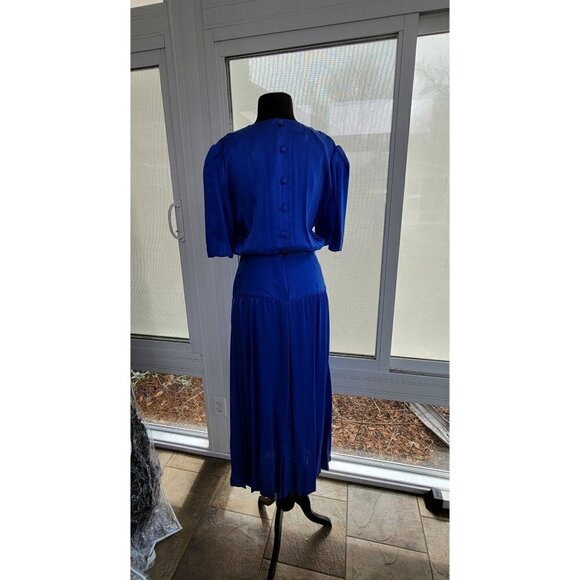Vintage 100% Silk Blue Dress by Designer Frank Masandrea - MD/8 - Picture 8 of 12